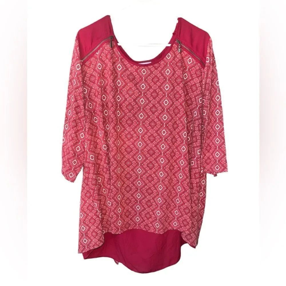 Catherines 2X 22/24W Red Zip Shoulder 3/4Sleeve Southwest Knit Top Layered Look